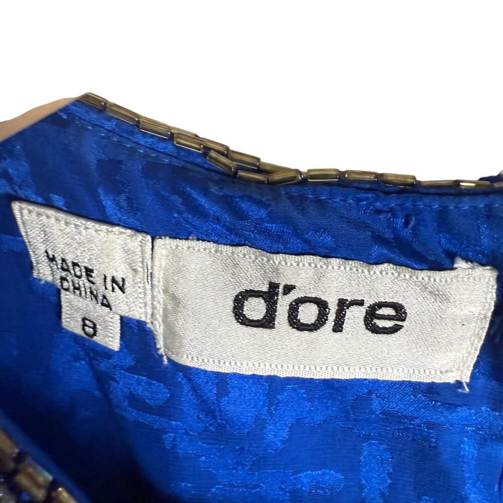 Vintage 80s d’ore Royal Blue Jewel Beaded Silk Jacquard Long Sleeve Dress Size 8 - Picture 8 of 11
